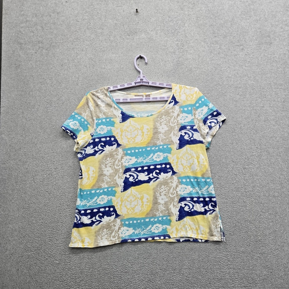 Chico's Women Shirt 2 Yellow Floral Scoop Neck Pullover Short Sleeve Artsy \